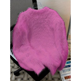 Korean Style Round Neck Sweater with Lazy Casual Metal Design Warm Faux Fur Pullover