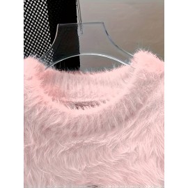 Korean Style Round Neck Sweater with Lazy Casual Metal Design Warm Faux Fur Pullover