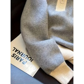 Women's Elegant Collar Zip-Up Sweater - Soft Long Sleeve Letter Detail Pullover, Cozy Fall Winter Machine Washable Casual Chic Tops, Cute Sweaters, Autumn Apparel, Subtle Color Contrast