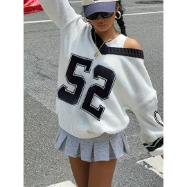 Women'S Elegant V-Neck Sweater with Heart Print - Casual Off-Shoulder Pullover, Black & White, Long Sleeve, Ribbed, Perfect for Office, College, or Casual Attire, Casual Attire Sweater | Offshoulder Fashion | Ribbed Texture