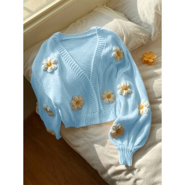 [Floral Cardigan for Women] Floral Pattern Women's Beige Cardigan - Long Sleeve Sweater with Round Neck for Spring/Fall Layering | Everyday & Formal Outfits, Lightweight Fabric, Textured Knitwear, Durable Knitwear, Office Wear, Fall Wardrobe