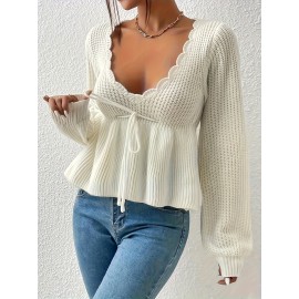 Women's Fashion Pullover with Elegant Petal Collar, Autumn/Winter Sweater with Tie Detail