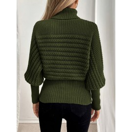 Women's High-Neck Ribbed Sweater - Olive Green Stretchy Long Sleeve Pullover, Loose Fit Textured Winter Top for Fall & Winter, Elegant Casual Chic Wardrobe Essential, Comfortable Fashion, Highneck Pullover, Soft Comfort