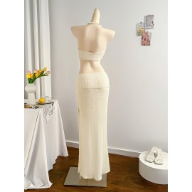 [Elegant Mermaid Dress] Elegant White Mermaid Dress | High-Waisted, Metallic Accent, Ruched Detailing - Perfect for Beach and Holiday Season