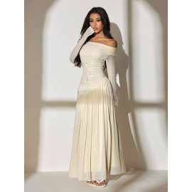 [Wedding Dresses] Women's Elegant Off-the-Shoulder Formal Dress - Beige/ Long Sleeve Party Wedding Gown, Stretchy Bodycon Fit, Machine Washable Evening Attire for Women, Wedding Dresses, Holiday Outfit, Asymmetrical Skirt, Highelasticity Fabric