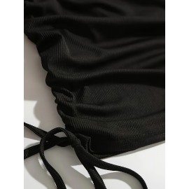 Women's 2pcs Set Summer Solid Color Striped Pleated Tie-Back Round Neck Short Sleeve Dress Special Edition