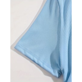 Women's 2pcs Set Summer Solid Color Striped Pleated Tie-Back Round Neck Short Sleeve Dress Special Edition