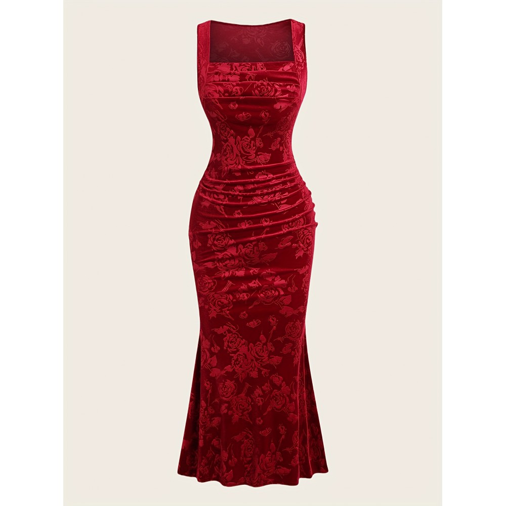 Women's Elegant Embossed Rose Long Dress