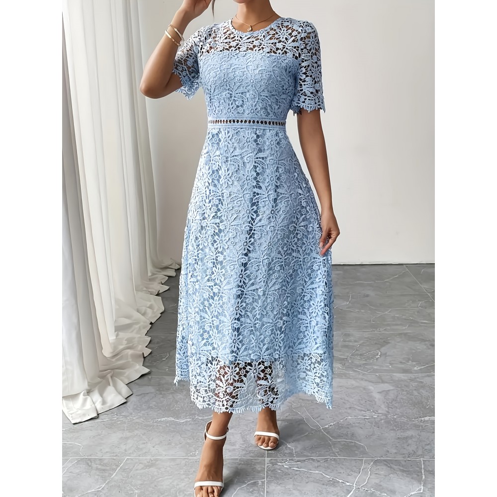Women'S Elegant Long Formal/semi-formal Dress - Flowy A-Line Party Wedding Guest Gown, Round Neck Short Sleeve Evening Dress for Women, Special Occasion, Feminine Design, Delicate Lace, Lace Detailing, Bridal Guest