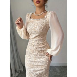 Elegant Long Sleeve Beaded Square Neck Dress - Chic Floral Pattern, High-Low Hem, Stretchy Polyester Blend, Perfect for Spring/Summer, Women'S Fashion, Cute Dress