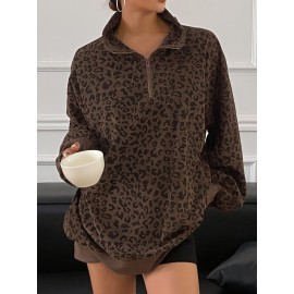 Women'S Stylish Leopard Print Sweatshirt with Front Zipper - Casual Long Sleeve Pullover, Brown & Gray Animal Print Design, Soft Polyester Fabric, Perfect for Spring & Fall