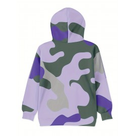 Women's Full-Body Pink & Green Camo Sweatshirt - Long Sleeve Hoodie with Drawstring Hood, Stretchy Polyester Pullover for Casual Streetwear, Everyday Outfits - Machine Washable Women's Clothing, Spring Autumn Apparel, Comfortable Fit