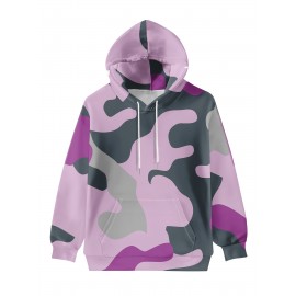 Women's Full-Body Pink & Green Camo Sweatshirt - Long Sleeve Hoodie with Drawstring Hood, Stretchy Polyester Pullover for Casual Streetwear, Everyday Outfits - Machine Washable Women's Clothing, Spring Autumn Apparel, Comfortable Fit