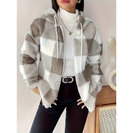 Women's Plush Coat - Non-Stretchy Beige & Brown Checkered Winter Jacket, Machine Washable Cold Weather Outerwear for Fall/Winter, Chic Everyday & Formal Events Coat, Winter Coats, Casual Winter Wear, Textured Fabric