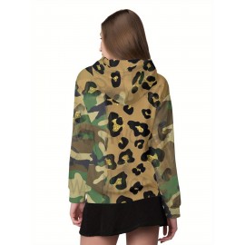 Women'S Camo Leopard Print Hoodie - Stylish Long Sleeve Pullover with Drawstring, 3D Digital Print, Stretchy Polyester, Casual Fit, Green & Black Design, Casual Wear Hoodie | Trendy Casual Style | Drawstring Hoodie