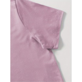 Women'S Sparkly Sequin Short Sleeve T-Shirt - Round Neck, Beige Casual Top for Spring/Summer, Glittery and Stylish, Perfect for Casual Attire