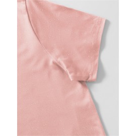 Women'S Sparkly Sequin Short Sleeve T-Shirt - Round Neck, Beige Casual Top for Spring/Summer, Glittery and Stylish, Perfect for Casual Attire