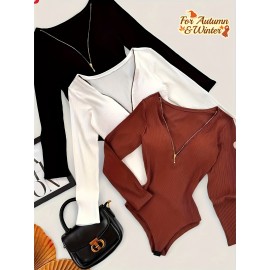 Set of 3 Autumn and Winter V-Neck Ribbed Zipper Stretch Comfortable Versatile Long-Sleeve Pullover Jumpsuit