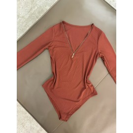 Set of 3 Autumn and Winter V-Neck Ribbed Zipper Stretch Comfortable Versatile Long-Sleeve Pullover Jumpsuit