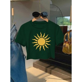 Women'S Vibrant Sun Graphic Crop Top T-Shirt - Casual Round Neck Short Sleeve, Machine Washable, Slim Fit, Perfect for Spring/Summer Outfits, Sunset Shirt