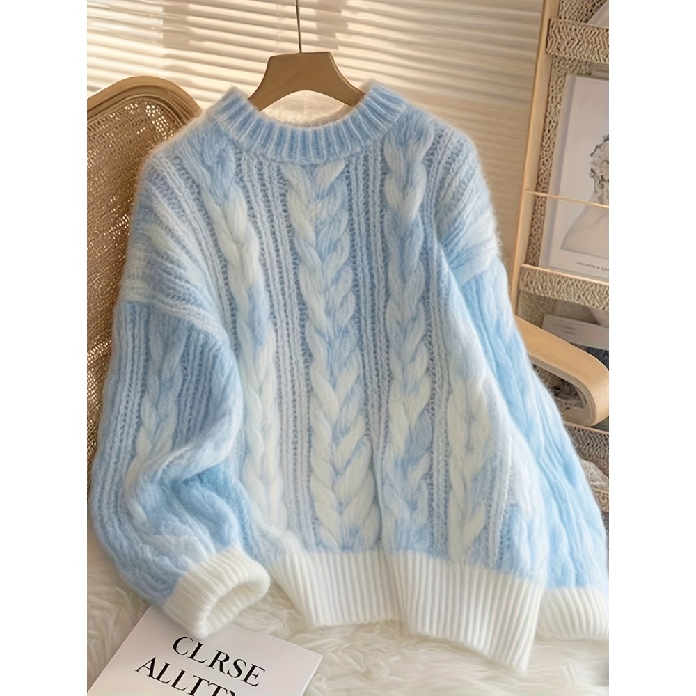 New Thickened Twisted Long Sleeve Sweater for Women in Lazy Style Blue Top