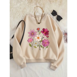 Women's Floral Print Crew Neck Sweatshirt - Pink with Multicolor Flower Design, All-Season Casual Pullover, Soft Machine-Washable Fabric, Cozy Everyday Sweater for Women (No Dry Clean)