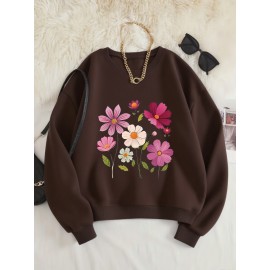 Women's Floral Print Crew Neck Sweatshirt - Pink with Multicolor Flower Design, All-Season Casual Pullover, Soft Machine-Washable Fabric, Cozy Everyday Sweater for Women (No Dry Clean)