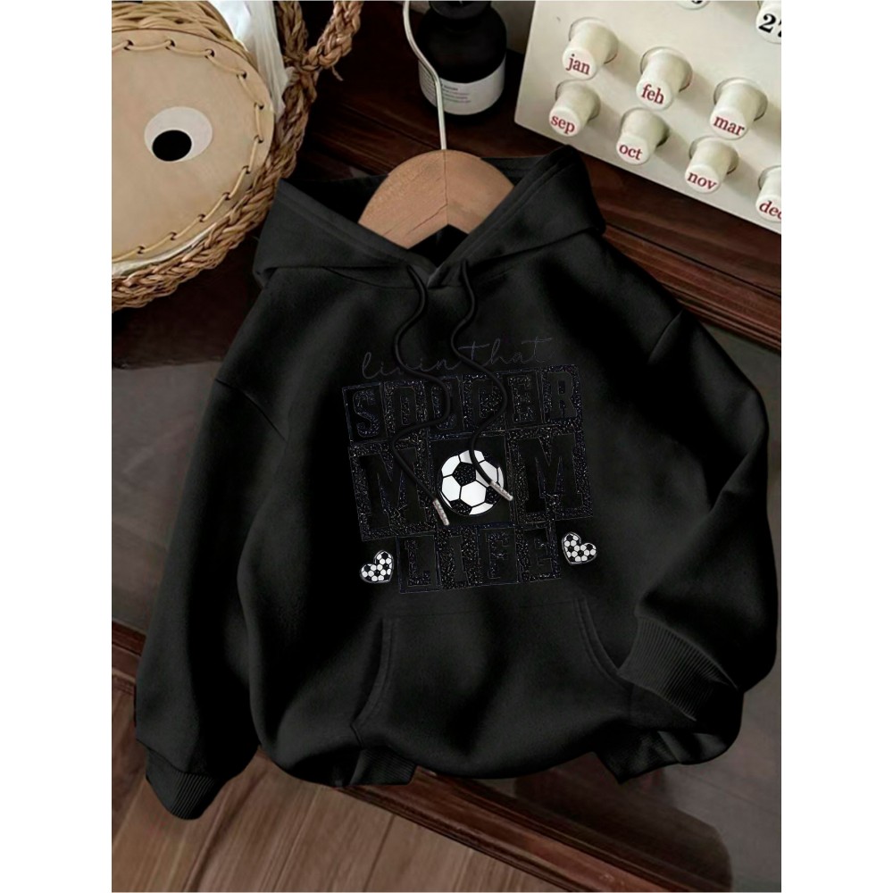 Women's Soccer Mom Graphic Hoodie - Cozy Fall & Winter Pullover with Drawstring, Beige Casual Sweatshirt Featuring 