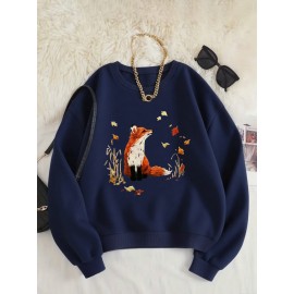 Women'S Cozy Crew Neck Sweatshirt with Vibrant Fox & Floral Print - Casual Long Sleeve Pullover for Fall & Winter, Soft Polyester Blend, Machine Washable, Allseason Apparel | Vibrant Print Top | Polyester Blend, Fox Sweatshirt