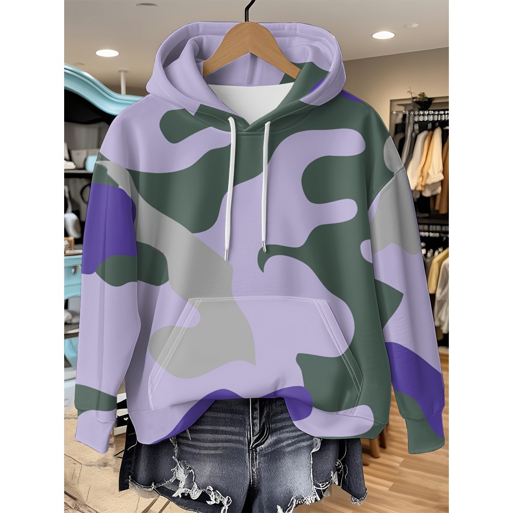 Women's Full-Body Pink & Green Camo Sweatshirt - Long Sleeve Hoodie with Drawstring Hood, Stretchy Polyester Pullover for Casual Streetwear, Everyday Outfits - Machine Washable Women's Clothing, Spring Autumn Apparel, Comfortable Fit