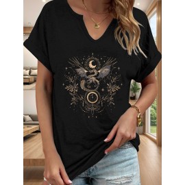 Women'S Vintage Norse Mythology Dragon Print V-Neck T-Shirt - Casual Short Sleeve, Regular Fit, All-Season Tee with Intricate Design, Machine Washable, Allseason Tee | Mythological Design | Comfortable Fit, Dragon Shirt