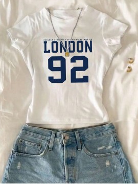 Women's White Crop T-Shirt - London '92 Numeric Graphic Tee - Stretchy Casual Summer Top - Vintage Streetwear Everyday Shirt - Non-See Through Crop Top for Women, Ladies T Shirts, Relaxed Fit Tee, Nontransparent Fabric